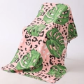 Pink microfiber beach towel featuring tropical monstera leaf and black leopard print - D-Tropical Leopard and Monstera Color Block