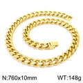 Golden 10mm wide stainless steel Cuban chain necklace with secure box clasp, 76cm length - 760mm x 10mm (KN225372-Z)