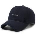Distressed dark blue baseball cap with white script embroidery and vintage ripped details - Adjustable / Navy Blue
