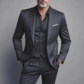 Formal charcoal grey three-piece suit for men featuring a slim fit blazer and vest - XXS / Dark Gray