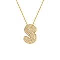 Macro detail of 18K gold plated letter S pendant featuring sparkling zircon stones - Letter S / Gold