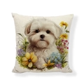 Detailed view of linen pillow cover with cute Maltese dog and colorful floral print - Square (No Insert) / Maltese Dog Floral Illustration Style (AB7759-1)