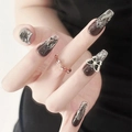 Dark brown gradient press-on nails with 3D black butterfly and silver glitter accents - Dark Ombre Irregular Rhinestone Butterfly (N5230)