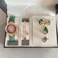 Women's rose gold watch set with emerald green stones and a leather strap in a gift box - 5PCS Set - With Gift Box / Green