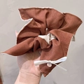 Brown fabric scrunchie with white bow and silver buckle detail for hair styling - Brown White Bow Detail