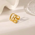 Minimalist gold plated stainless steel open ring with multilayered hollow wave design - Irregular Hollow Style (XKR0236) / Gold