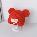 Bright red knitted baby hat with two large pom-poms and a cute bear pattern patch - 6 Months - 3 Years (33-52cm) / Red (Dual Pom Poms)