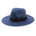 Detail of blue straw fedora hat featuring a black ribbon band and decorative bow accent - M (56-58cm) / Navy Blue
