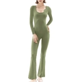 Tuta verde militare a maniche lunghe con scollo quadrato e gamba svasata chic - S / Verde Militare