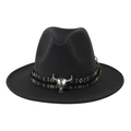 Dettaglio di fedora nero con fascia etnica colorata e decorazione a testa di toro - Adulto 58cm Taglia Unica / grigio scuro