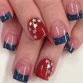 Square press-on nails with red and blue glitter and silver stars US flag design - Red Blue Glitter Stars Style (CW229)