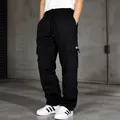 Detail showing elastic waistband with drawstring on black fleece cargo sports pants - Navy Blue