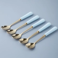 Five-piece dessert spoon set with light blue ceramic handles and gold finish - Blue - Spoon
