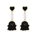 Cartoon black ghost pendant earrings with heart studs and white pearls on gold metal - Stud Earrings / Black (Stud Earrings)