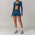 Three-piece seamless dark blue yoga set with jacket, sports bra, and high-waist shorts - S / Jacket + Bra + Shorts / Navy Blue