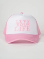 Detailweergave van roze en witte trucker pet met Live Your Life borduursel - Verstelbaar / Wit & Roze