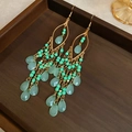Bohemian long tassel earrings with mint green beads and a water drop pendant - Ear Hook - Green