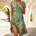 Böhmisches Midikleid mit Blumendruck und V-Ausschnitt in Vintage-Türkisgrün - S / Kleider / Grün