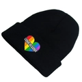 Schwarze Strickmütze mit Love Is Love Regenbogen-Herz Stickerei für den Winter - Einheitsgröße / Schwarz
