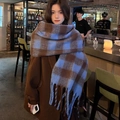 Thick mohair scarf in blue and brown check pattern with soft tassels for winter warmth - Small Blue (Celebrity Style)