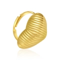 Detail of gold heart ring with textured ribbing on a reflective white surface - Striped Heart Ring