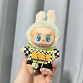 Plush doll in green rabbit hoodie and checkerboard outfit for Labubu vinyl figures - Fluorescent Green Bear / First And Second Generation Keychains Are Compatible With La Cloth Dolls. Dolls Not Included.