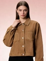 Women's loose-fit brown denim jacket featuring long sleeves and functional chest pockets - S / Brown