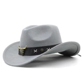 Detail of light gray cowboy hat featuring a leather band with a metal bull skull ornament - M (56-58cm) Adjustable / Light Gray