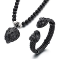 Set gioielli uomo con collana di perle di onice nero e bracciale rigido testa di leone - Set