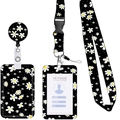 Daisy floral pattern ID card holder set with retractable badge reel and lanyard - Black Daisy