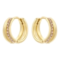 Close-up of gold-plated hoop earrings with micro-paved pink cubic zirconia stones - Gold Pink Zirconia