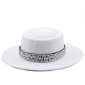 Elegante cappello boater bianco in lana con fascia di strass argentati da donna - M(56-58cm) / Bianco