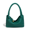 Dark green woven leather tote bag with classic weave texture and golden ball detail - Emerald