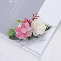 Pink and white fabric floral hair comb with green leaves for bohemian bridal wedding hair - FS08-1 White