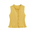 Gilet en maille sans manches jaune vif avec bords à volants et col rond sur fond blanc - S / Jaune