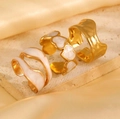 Three-piece gold adjustable ring set with wavy shapes and white enamel heart designs - Stainless Steel Wavy Heart Enamel Ring Set (3Pcs) (34 不锈钢戒指3个)