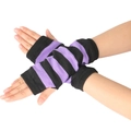 Close-up of purple and black striped knit fingerless gloves with elastic ribbed texture - One Size / Purple and Black Striped (Widened)