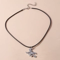 Detail of silver witch on broomstick pendant with black cord and lobster clasp - Witch Necklace