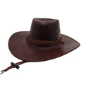 Brown faux leather western cowboy hat with braided rope band and adjustable chin strap - Reddish Brown (Textured Leather)