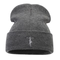 Dark grey knitted beanie featuring white faith embroidery and cross for a hip hop style - One Size / Dark Gray