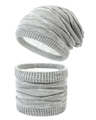 Detail of grey knitted hat and neck warmer with thick white fleece lining for winter - Light Grey + White