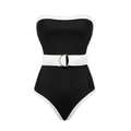 Classic black and white one-piece swimsuit with white waist belt and gold buckle - S / Black