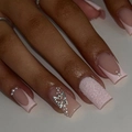 Handmade press-on nails with pink glitter, pearl accents, and silver ribbon bow detail - K037【24pcs】 / Boxed (jelly Gel + Granules)