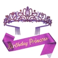 Purple Birthday Princess crown and sash set with violet rhinestones and gold text - Dark Purple Set