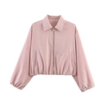 Women's light pink puff hem bomber jacket with zipper and elastic cuffs in a variant style - Pink