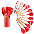 Detailed view of 11-piece red silicone kitchenware set with natural wooden handles and holder - Small Bucket Style / Red