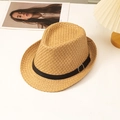 Men's light brown woven straw fedora hat with black strap and metal buckle for sun protection - L (58-60cm) / Camel