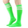 Detail shot of neon green knee high socks with triple white stripes in a ribbed knit fabric - One Size / Fruit Green/White Stripes