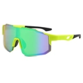Neon yellow cycling sunglasses with purple tinted lens and anti-slip temples - Large Frame Sports Style (3259) / Green Frame / Green Lens