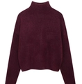 Detail of high turtleneck and ribbed knit texture on a burgundy long sleeve sweater - S / Burgundy